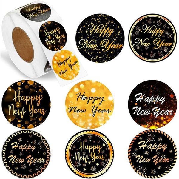 

gift wrap 100-500pcs happy year stickers 8 designs 1.5'' round black gold labels for christmas cards envelopes boxes