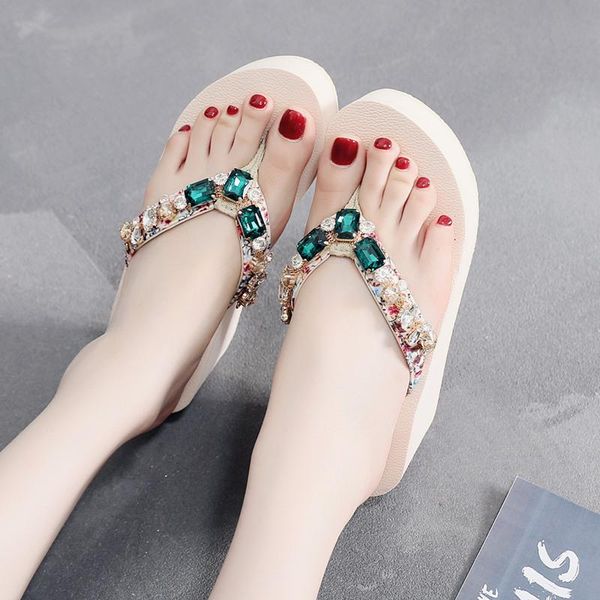 

slippers fashion sweet style rhinestone outer wear non-slip beach sandals and slope heel 6.5cm thick bottom women flip flops, Black