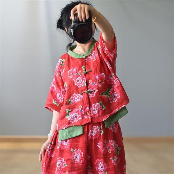 

loose printed linen single womens shirts breasted vintage flax summer, White