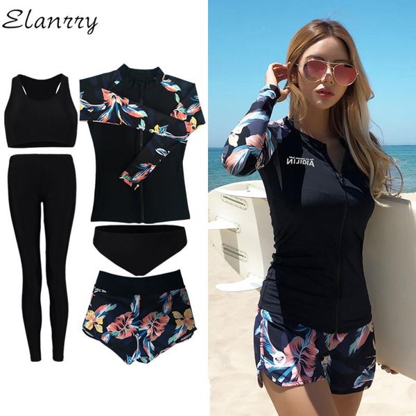 

women sport swimsuit print long sleeves +long pants surfing suit 5 pieces bathing summer beach wear one-piece suits