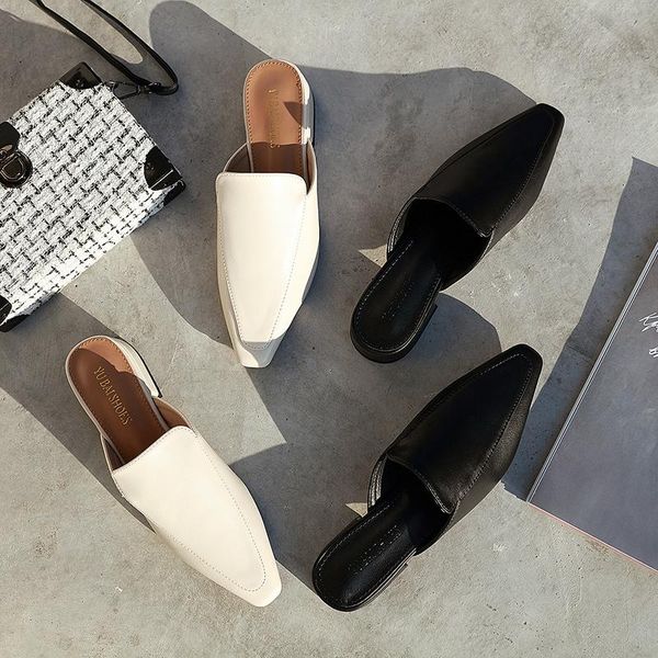 

slippers 2021 brand fashion mules shoes black pointed toe med heel pu leather slipper designers woman dress outside beach