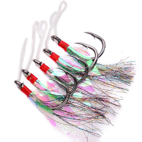 

fishing hooks 10pc saltwater with pink feather 1/0-9/0 jigging gold and black 2 colors stainless steel