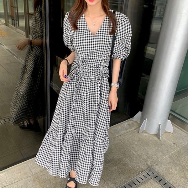 

elegant retro pliad dress summer women v-neck puff sleeve drawstring ruched casual vacation dress robe 210518, Black;gray