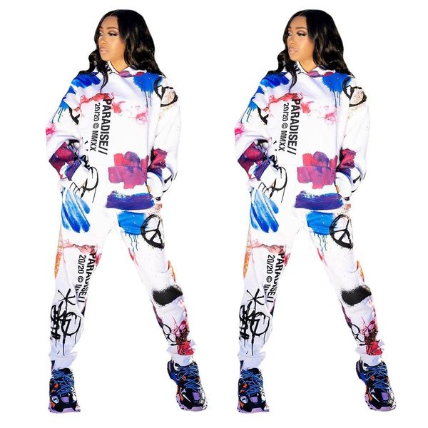 

graffiti printed tracksuits hooded 2 piece pants set fall winter street style sweat suits women matching sets s-2xl, Gray