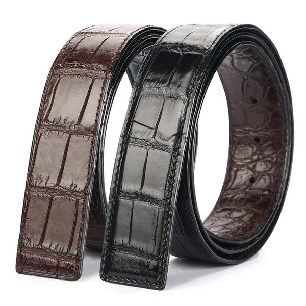 

double-sides designer authentic real crocodile belly skin male waist strap without buckle genuine alligator leather belt for men belts, Black;brown