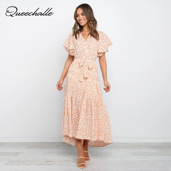 

casual dresses vintage floral print pleated dress women 2021 summer v neck butterfly sleeve a-line with belt ruffles party, Black;gray