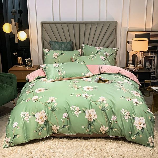

bedding sets luxury green floral print set soft silky double duvet cover bed linen fitted sheet pillowcases 4pcs
