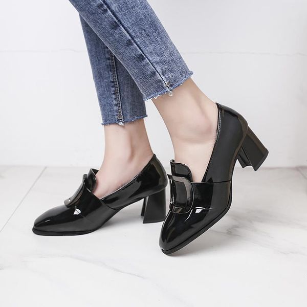 

dress shoes women pumps fashion shiny patent leather block chunky high heels single woman pointed toe zapato mujer, Black