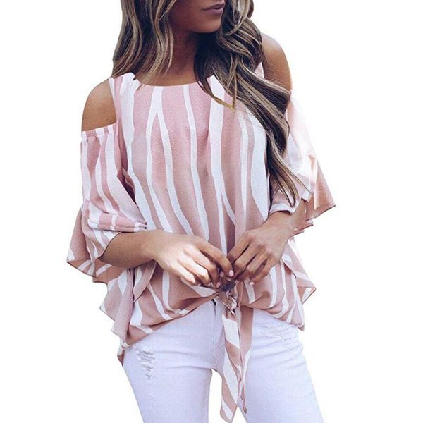 

women's blouses & shirts women summer casual cold shoulder striped ladies short sleeve o-neck loose blouse shirt, White