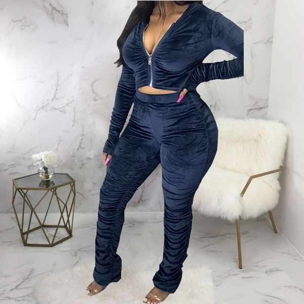 

2021 women's pleated solid zipper sport two piece suit, White