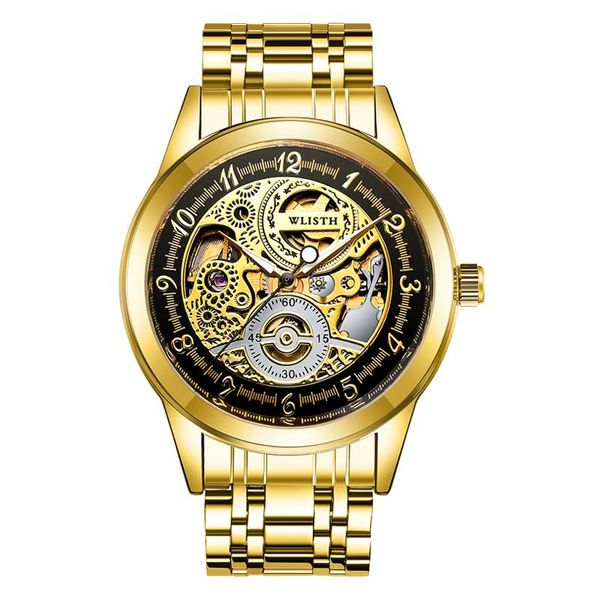 

wristwatches 1012wlisth men luxury skeleton automatic winding mechanical watches gold stainless steel waterproof wristwatch male time hours, Slivery;brown