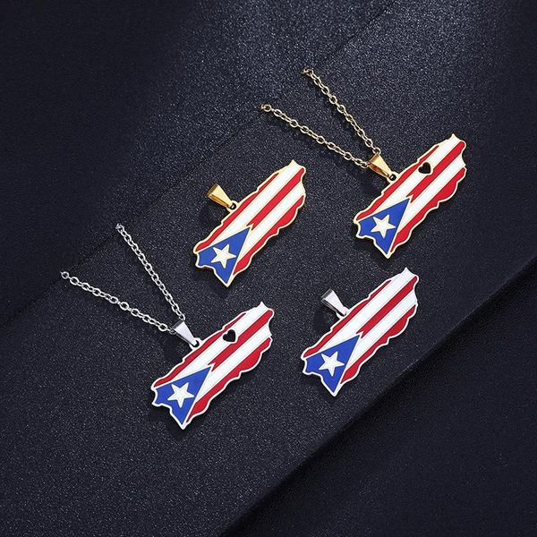 

chains stainless steel fashion enamel puerto rico map penddant necklace vintage hip hop choker jewelry for men women 2022 drop, Silver