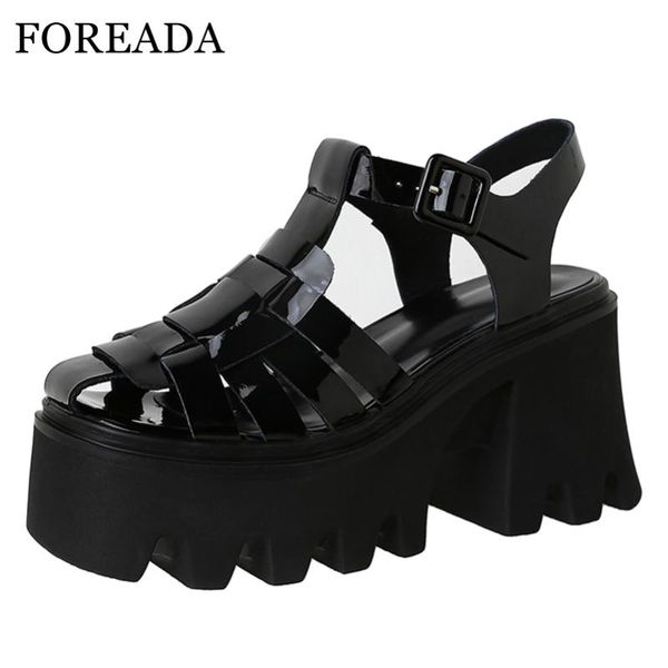 

dress shoes foreada women sandals gladiator platform round toe block high heels narrow band buckle strap lady footwear summer, Black