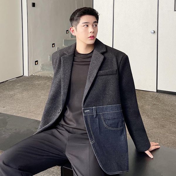 

men's suits & blazers autumn winter men denim splice woolen loose casual blazer korean streetwear suit coat man trend fashion jacket, White;black