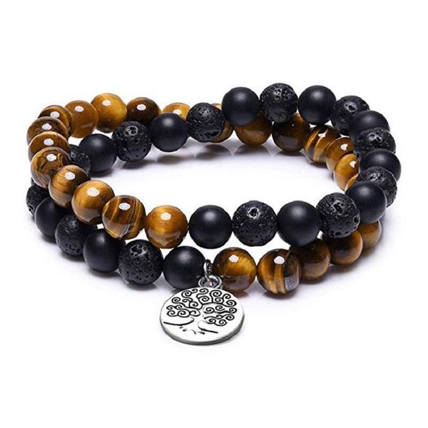 

nature tiger eye bracelets women lava stone yoga bracelet pulsera tree of life charm men obsidian multilayer jewelry beaded, strands, Black