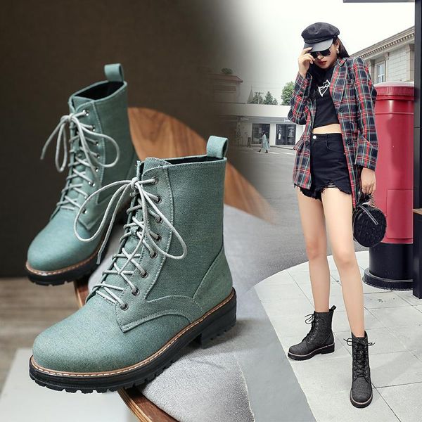 

boots 2021 ankle women shoes natural denim platform short lace-up thick heels lady autumn winter botas de mujer, Black