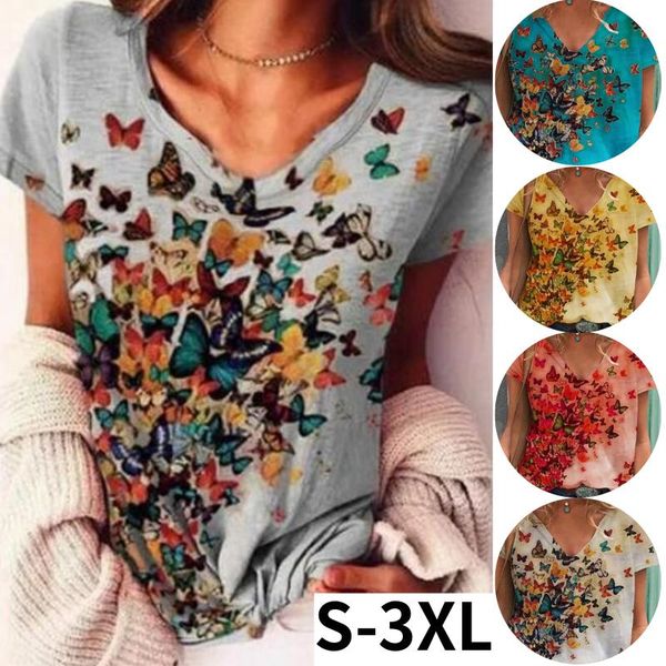 

women's t-shirt kuelawear butterfly print v-neck short sleeve summer womens pullover regular ladies casual cotton, White