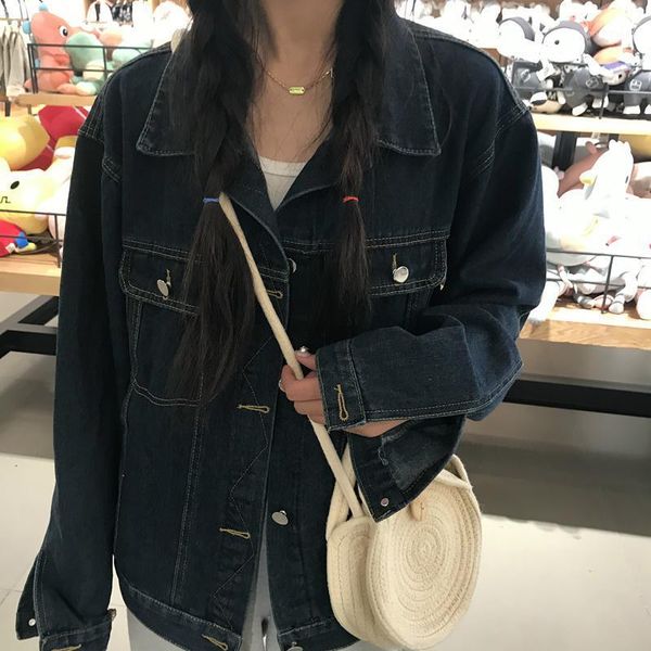 

women's jackets hkcp fashion denim jacket plus size casual women turn-down collar pockets button patchwork loose long sleeve autumn win, Black;brown