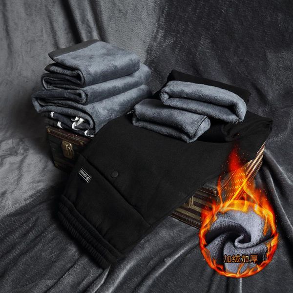 

winter thick warm business casual pants men cotton stretch elasticity slim black grey trousers plus size men's