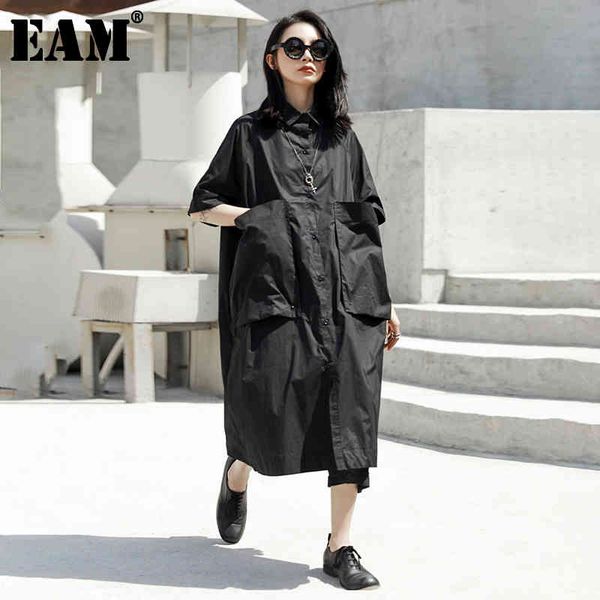 

[eam] spring summer round neck half sleeve black pocket split joint loose big size shirt dress women fashion jt540 21512, Black;gray