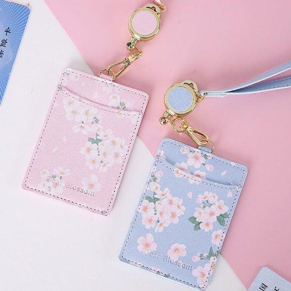 

card holders cute flowers pu leather bus id holder case portable badge retractable neck strap lanyard for office work, Brown;gray