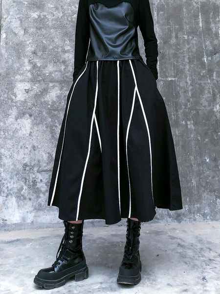 

skirts half length skirt spring and autumn women's a-line high waist large size fat mm slim striped 2021, Black