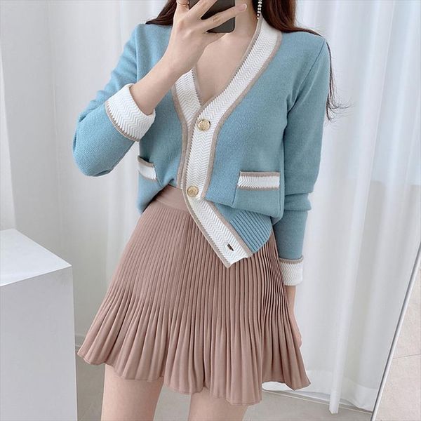 

knit v neck chic pink women sweater patchwork cropped cardigan fall korean casual gilet femme winter clothe office lady, White;black