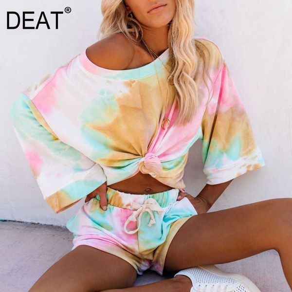 

[deat] summer fashion long sleeve round neck tie dye printing drawstring casual shorts women two-piece suit 13c667 210527, White