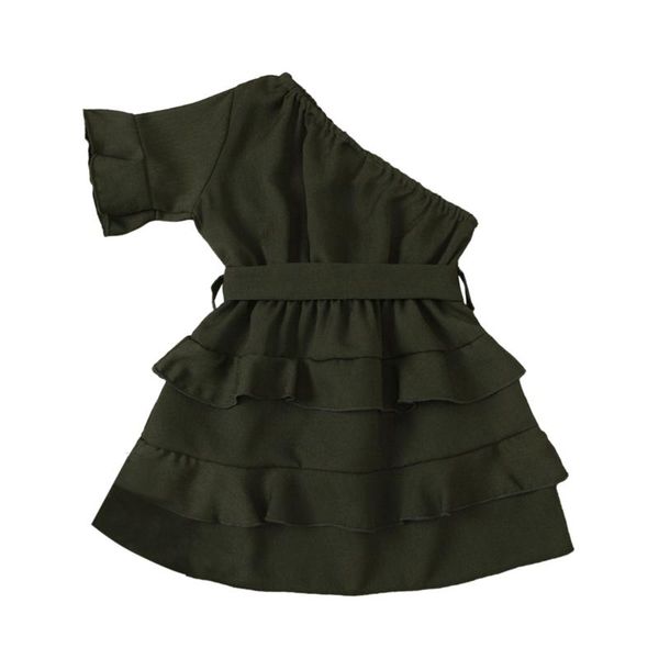 

girl's sweet short-sleeved ruffles dress fashion solid color oblique shoulder multi-layer princess dress, Red;yellow