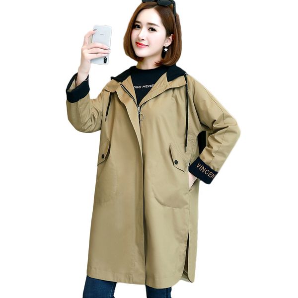 

women's trench coats spring autumn trenka hoodie casual large coat khaki 4xl, Tan;black
