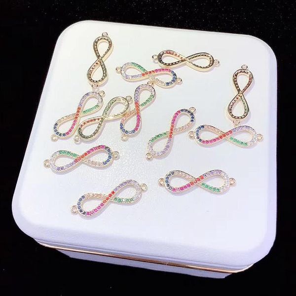 

charm bracelets 6pcs zyz-b9862 8 shape cz micro pave crystal connector double bails, rainbow zircons bracelet, Golden;silver