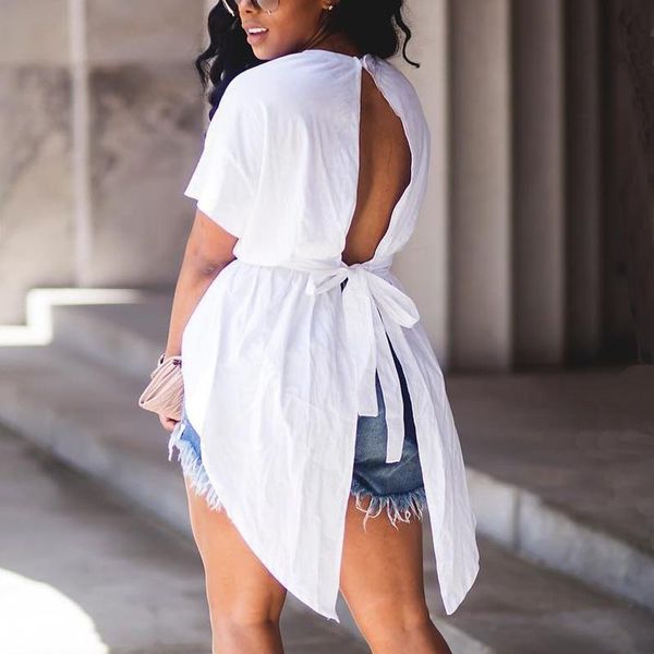 

women's blouses & shirts short sleeve o-neck hollow back bandage loose blouse women knot cut out irregular streetwear, White