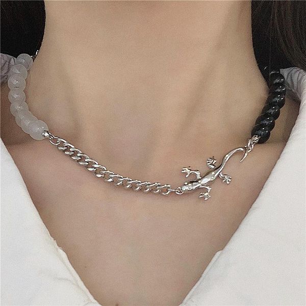 

chains gsold creative stainless steel gecko black white imitation crystal necklace simple geometric animal clavicle chain jewelry, Silver