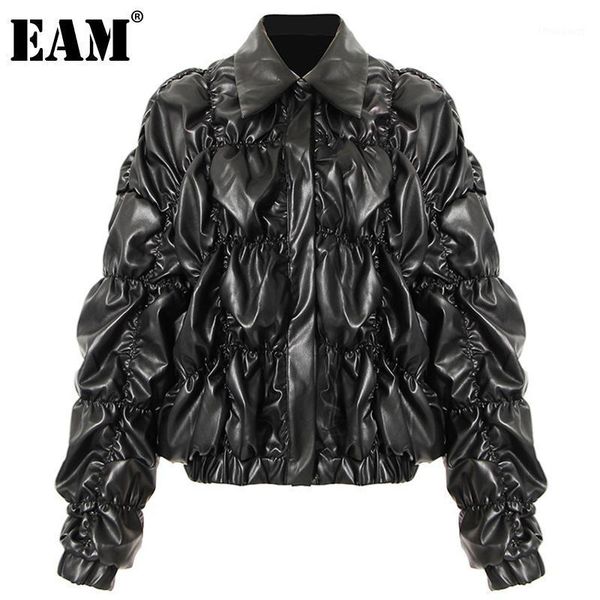 

[eam] loose fit pu leather wrinkled black jacket lapel long sleeve women coat fashion tide autumn winter 2021 1dd3602 women's jackets, Black;brown