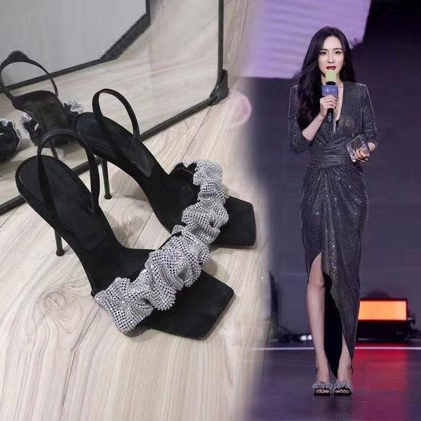 

fashion womans sandals flock crystal square head high (5cm-8cm) summer ladies shoes blingbling party club female, Black