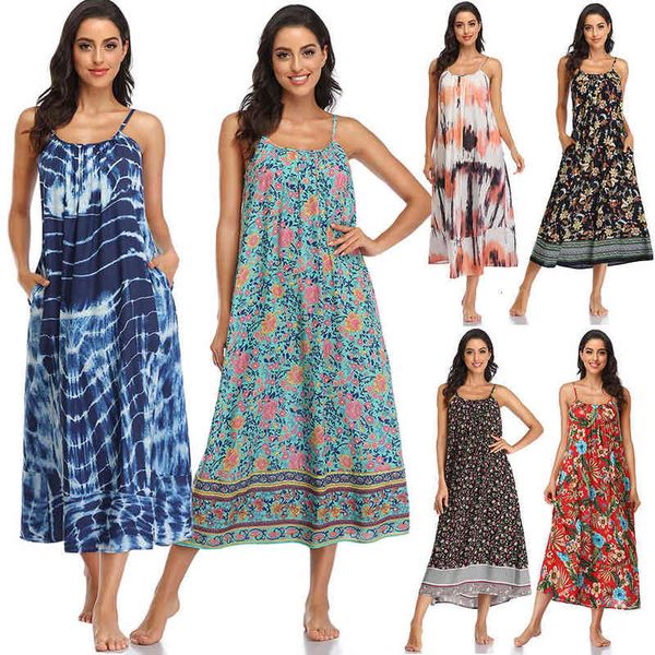 

casual dresses 2022 summer suspender floral bohemian sleevels, Black;gray
