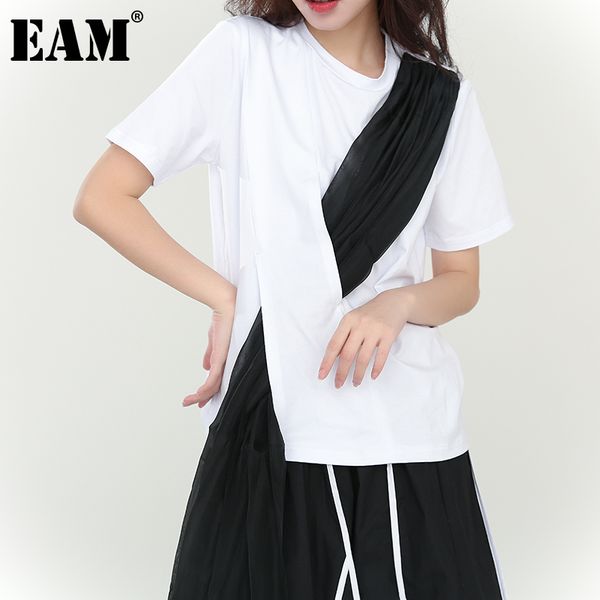 

[eam] women black mesh split joint irregular t-shirt round neck short sleeve fashion spring summer 1w94600 210512, White