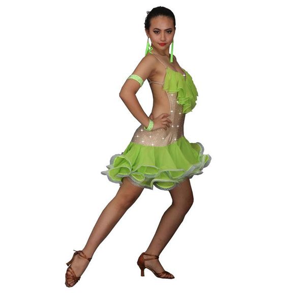 

ladies latin dance dress for women competition suits costumes elegant dresses fluorescent green fish bone skirt stage wear, Black;red