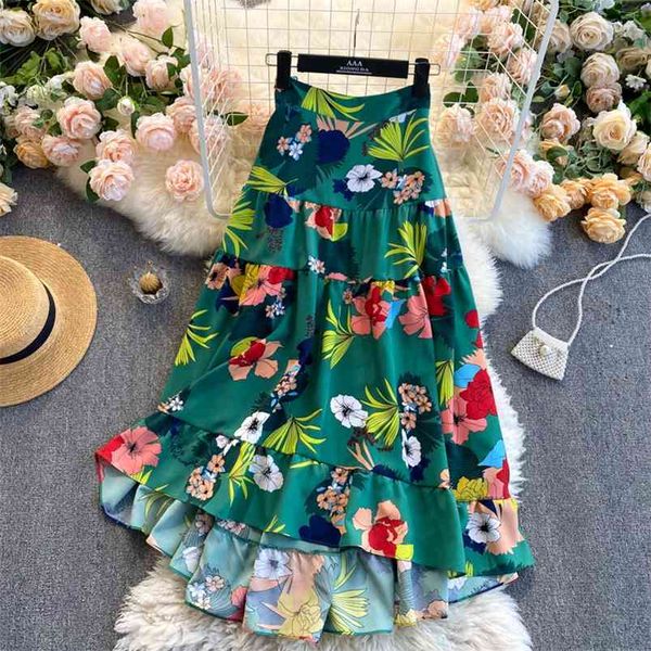 

printed spring summer high-waisted slim slimming ruffled gentle all-match midi skirt c573 210507, Black