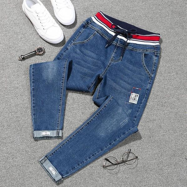 

013 summer fashion korea womens jean style elastic waist ankle length patchwork pants female large size 105kg jeans loose trouser, Blue