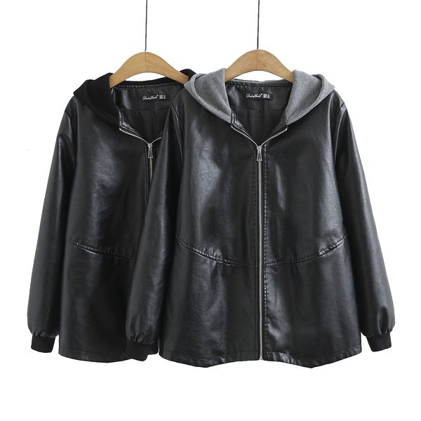 

women's & faux leather 2021 korean spring with hood jacket coat plus size, Black