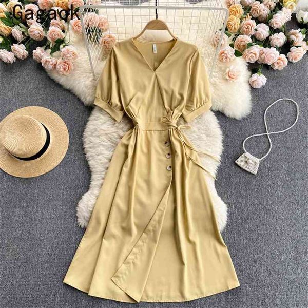 

woman dress summer solid v-neck puff sleeve office lady midi simple dresses korean fashion chic wild vestidos 210531, Black;gray