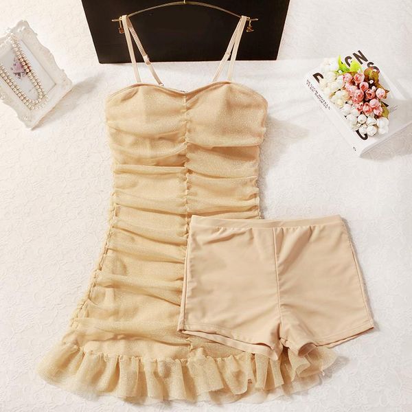 

springs, temperament, covering belly and showing thin split body, two piece conservative student swimsuit girl one-piece suits