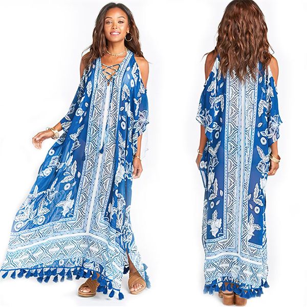 

women's swimwear blue floral chiffon bikini cover up with fringe trim plus size beach dress 2021 summer women swimsuit boho beachwear s, White;black