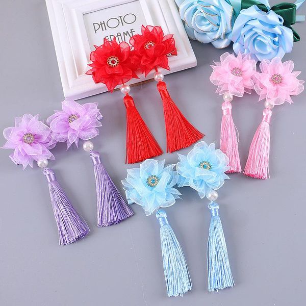 

hair accessories 2pcs lovely children peony chinese style year flowers headwear hairpins antique streamers tassels baby girls clips, Slivery;white