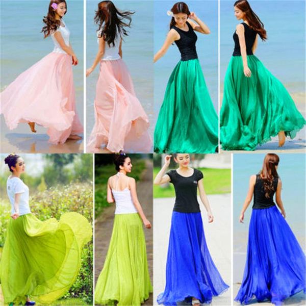 

skirts womens boho solid double layer elegance chiffon long maxi dress beach casual sundress skirt, Black