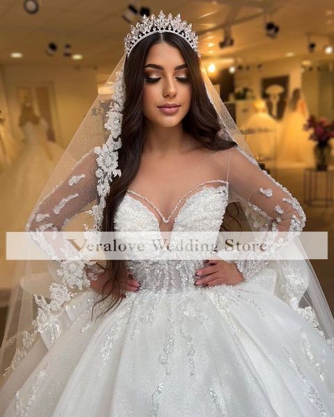 

said mhamad ball gown wedding dress long sleeves scoop lace women formal bride gowns custom made reception wear, White
