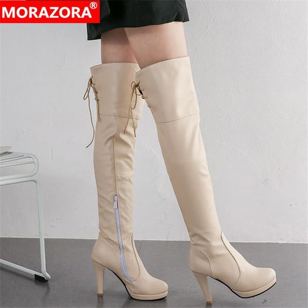 

boots morazora 2021 arrival over the knee round toe zip lace up high heels platform party wedding shoes woman, Black