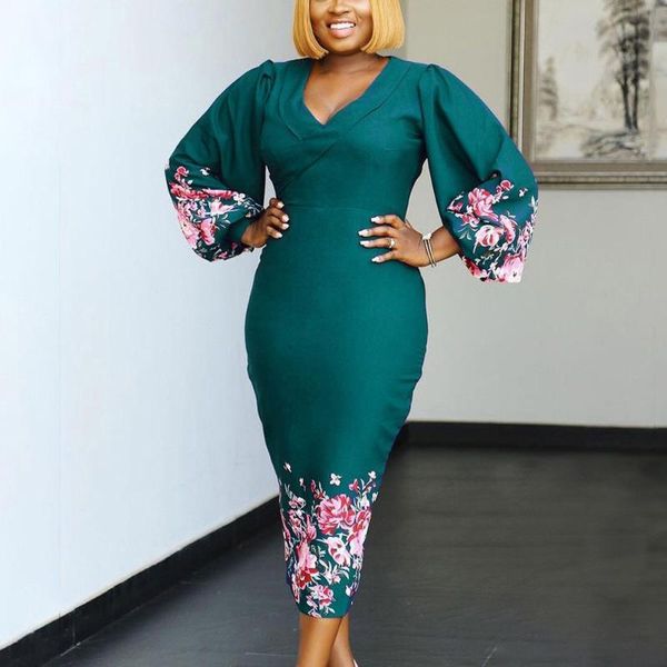 

casual dresses african office ladies solid color long lantern sleeve bodycon high waist v neck mid calf elegant business work wear dress, Black;gray