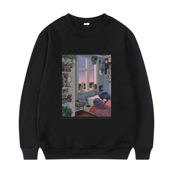 

men's hoodies & sweatshirts city night illustration print fashion men women sweatshirt daily loose pullover oversize simple style top, Black